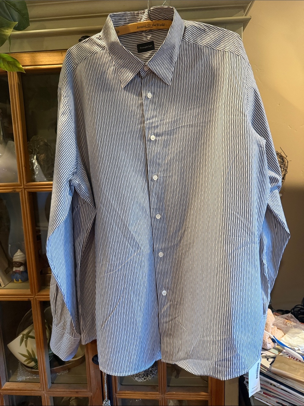 Ermenegildo Zegna Blue and White Narrow-Stripe Dress Shirt